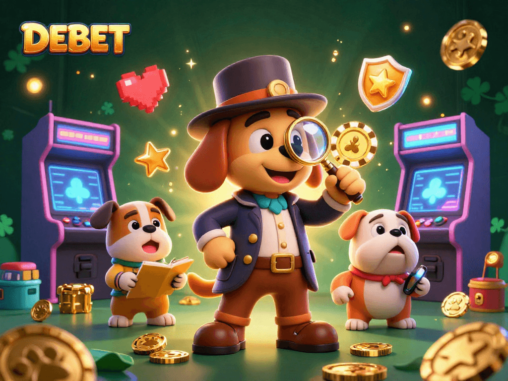 Engage with DEBET's 3D casino adventure featuring a detective exploring poker clues and arcade excitement.