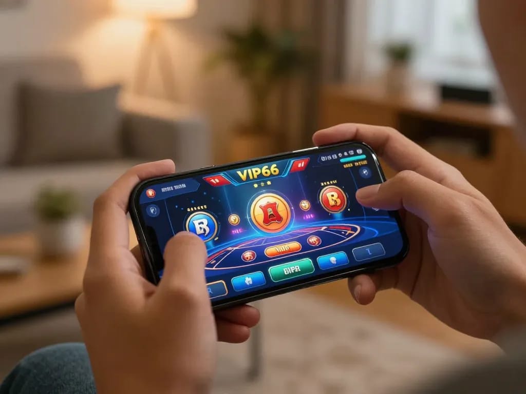 VIP66 players engaging in thrilling gameplay on a mobile app with vivid interface in a cozy setting