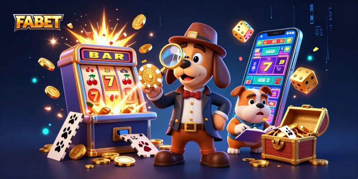 FABET gaming illustration featuring a detective bloodhound and poker clues in a vibrant casino scene