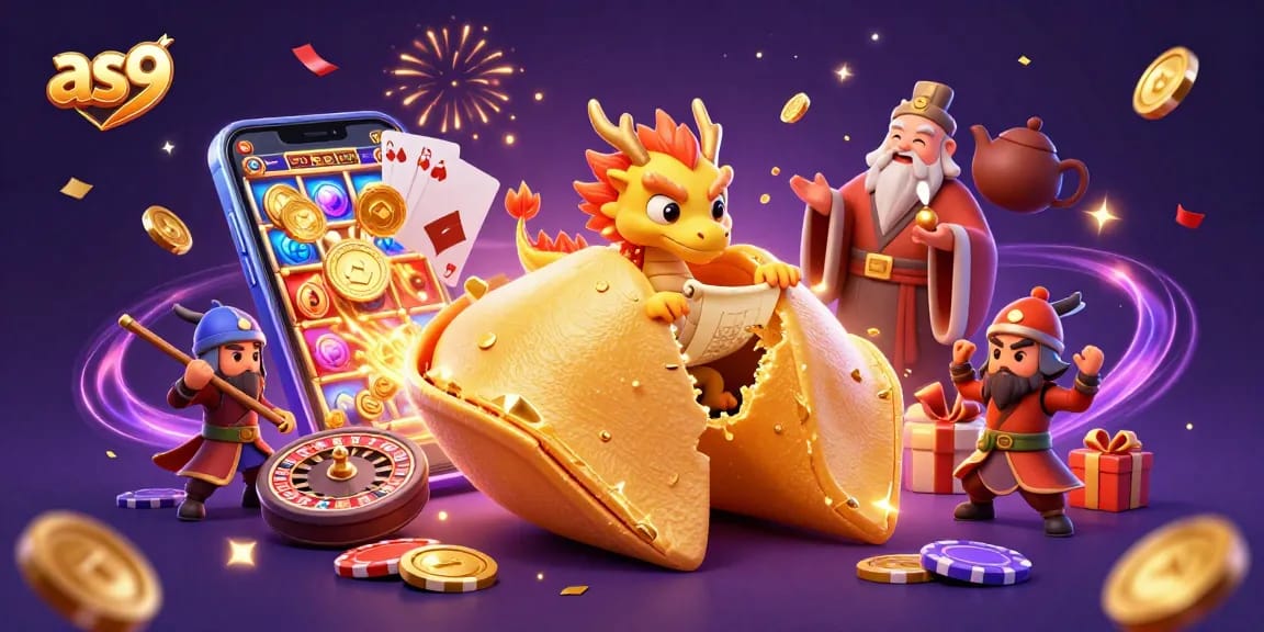 Spin slot games at as9 with a vibrant 3D illustration featuring fortune cookie and dragon.