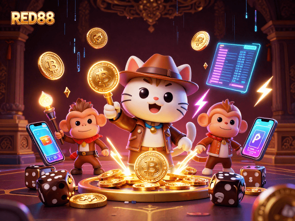 Experience thrilling gaming adventures at RED88, featuring a cat archaeologist discovering a golden artifact amidst crypto treasures.