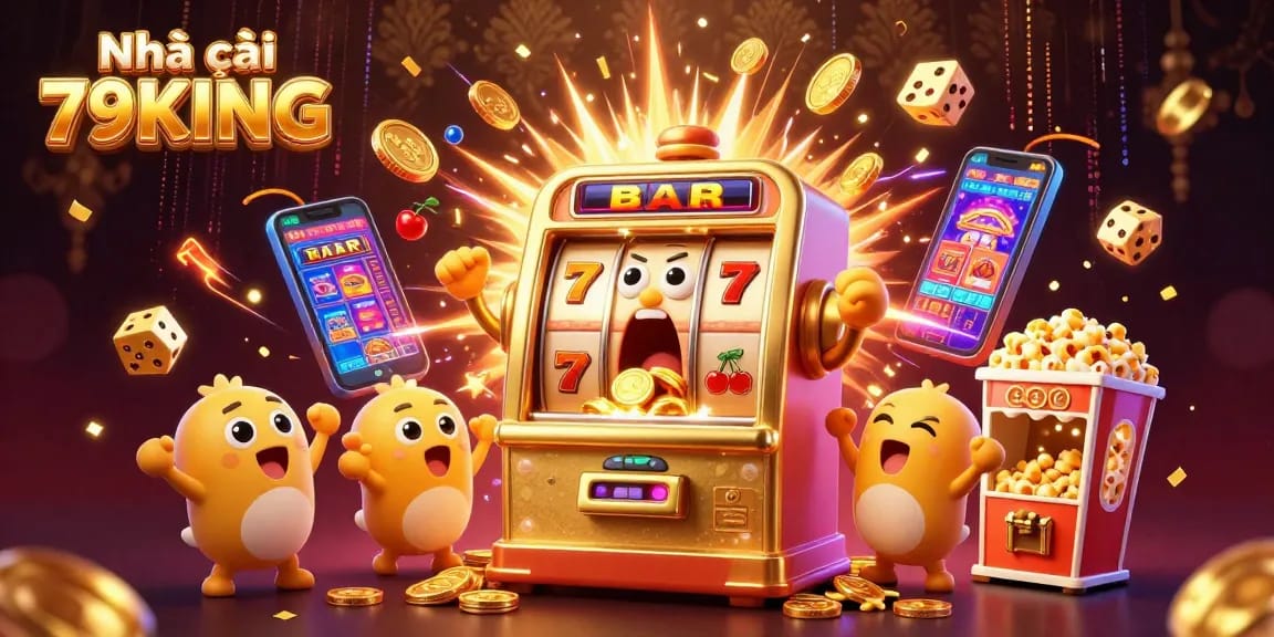 Experience big wins with Nhà cái 79KING as vibrant slot machines celebrate jackpots and cascading coins.
