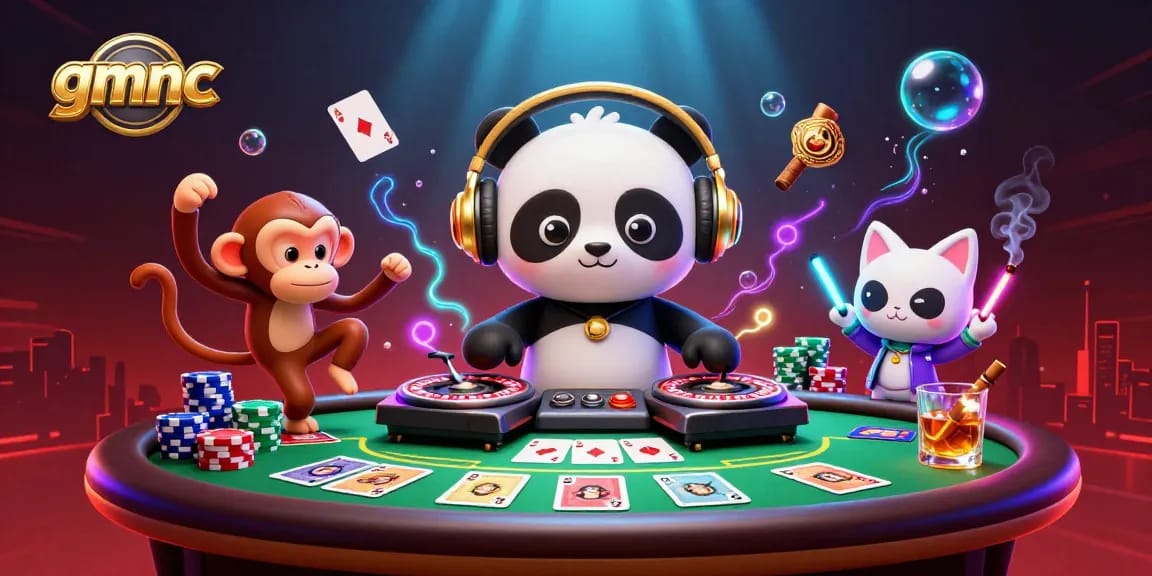 Engage in iconic fun with gmnc as a DJ panda spins roulette while a monkey breaks down on the dance floor.