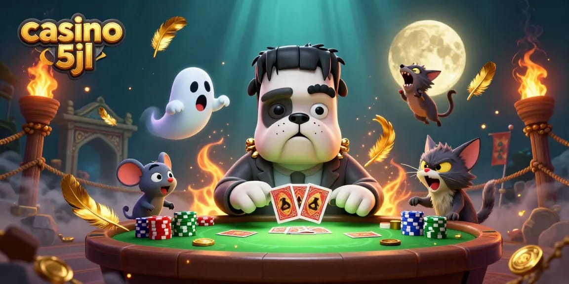 Engaging casino 5jl scene with a Frankenstein bulldog, ghost mouse, and werewolf kitten in a vibrant, animated setting.