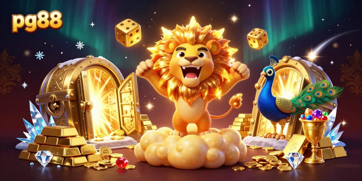 Spin the reels with pg88, featuring a dazzling sun lion and golden dice in a rich casino scene.