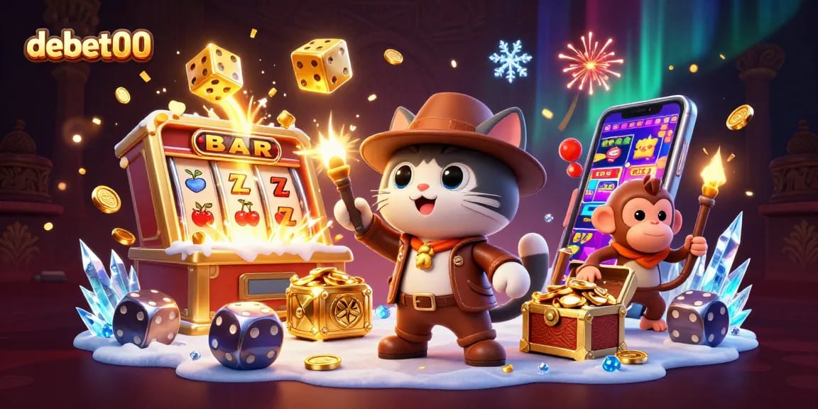 Experience the thrilling adventure at debet00 with an explorer cat and monkey discovering casino treasures in this vibrant scene.