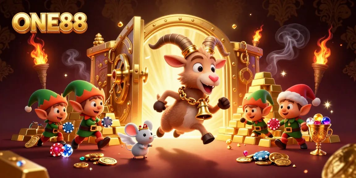 ONE88 features a dynamic holiday-horror casino scene with a Krampus goat, angel mouse, and elf gremlins.
