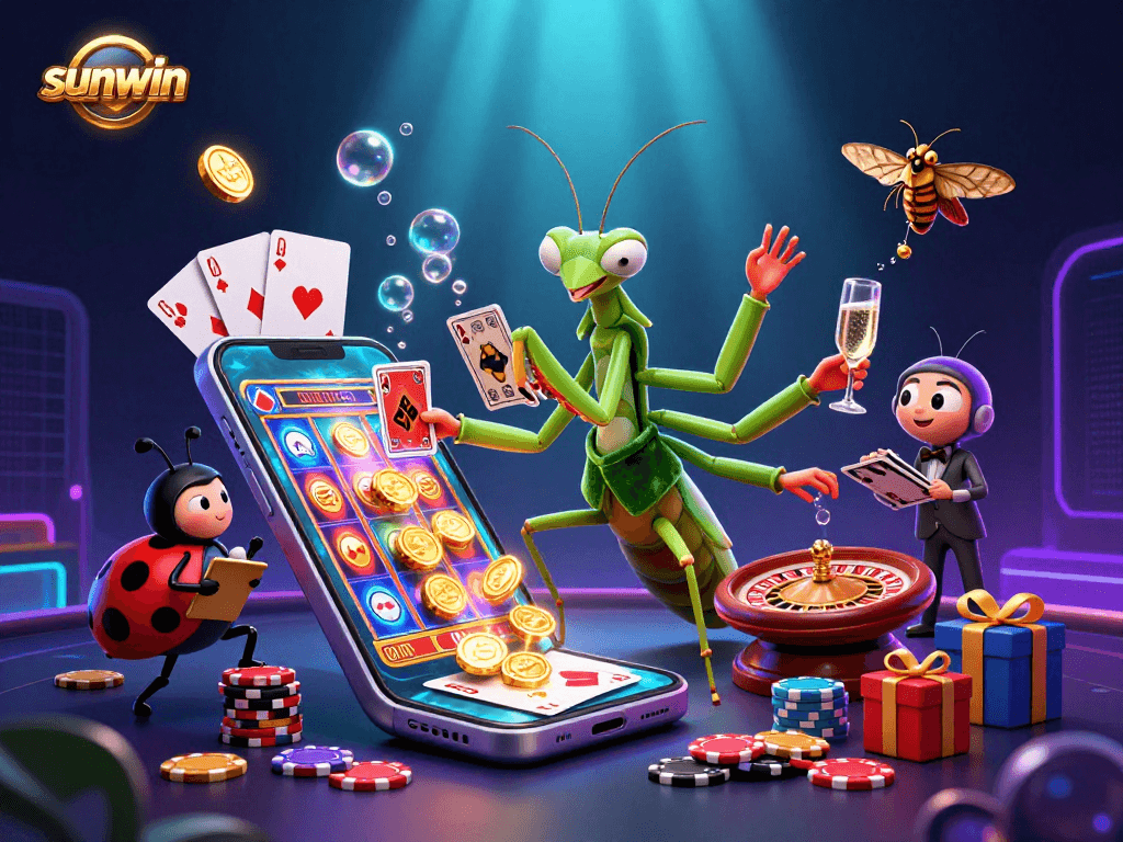 Engage with the sunwin excitement as a giant mantis deals cards amidst vibrant casino elements.