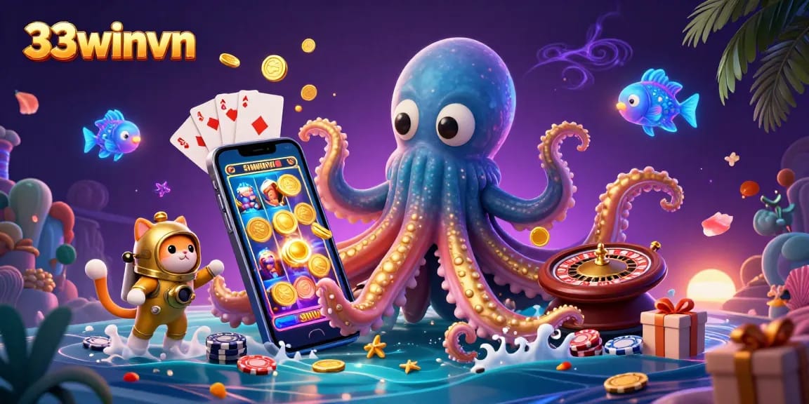 Experience wins with 33winvn showcasing a giant kraken, diving cat, and slot games in an underwater treasure scene.
