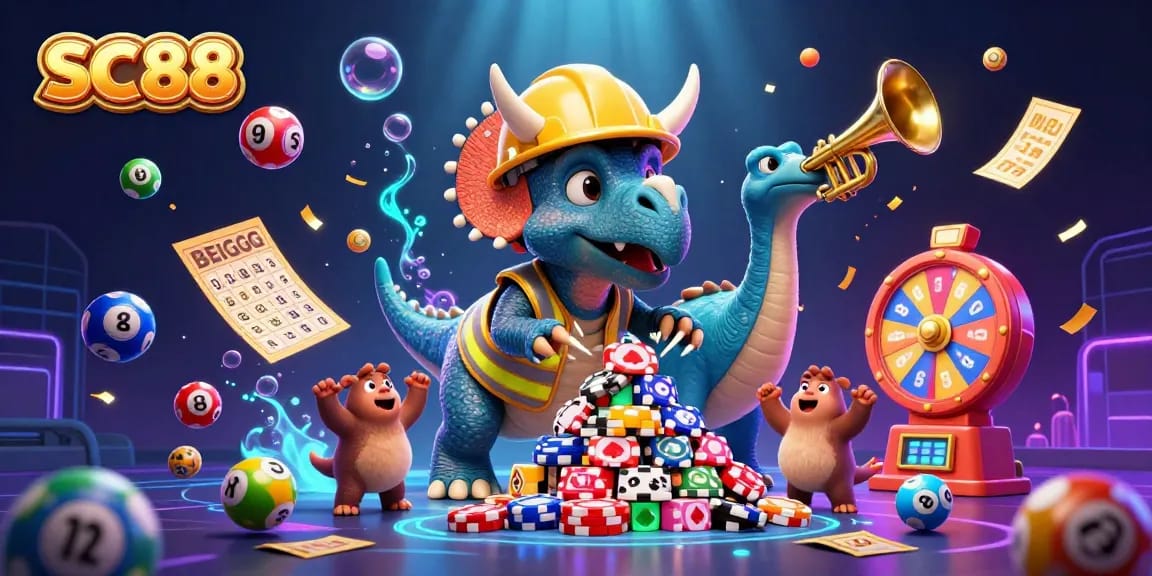 Celebrate SC88 with a 3D cartoon triceratops building poker chips and playful lottery elements.
