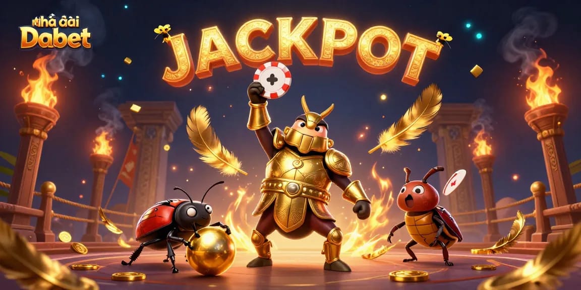 Engaging illustration of Nhà cái Dabet featuring a triumphant beetle with poker chips amidst abundant casino elements.