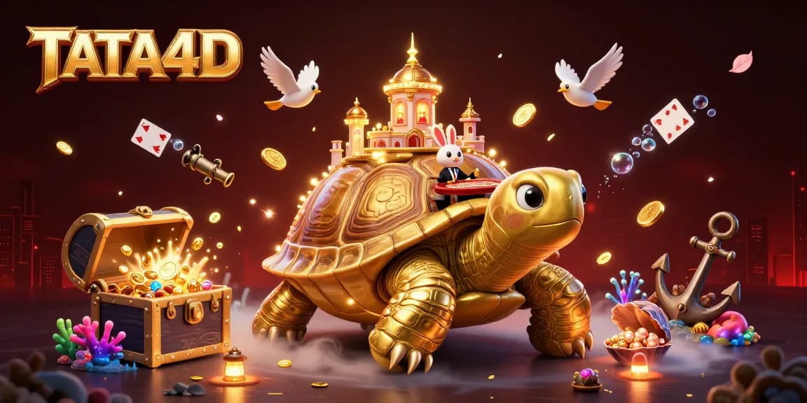 TATA4D players engaging in a vibrant 3D casino scene with a golden tortoise and rabbit dealer.