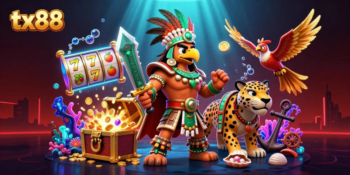 Engage with tx88 through a vibrant scene showcasing exciting casino elements and dynamic characters.