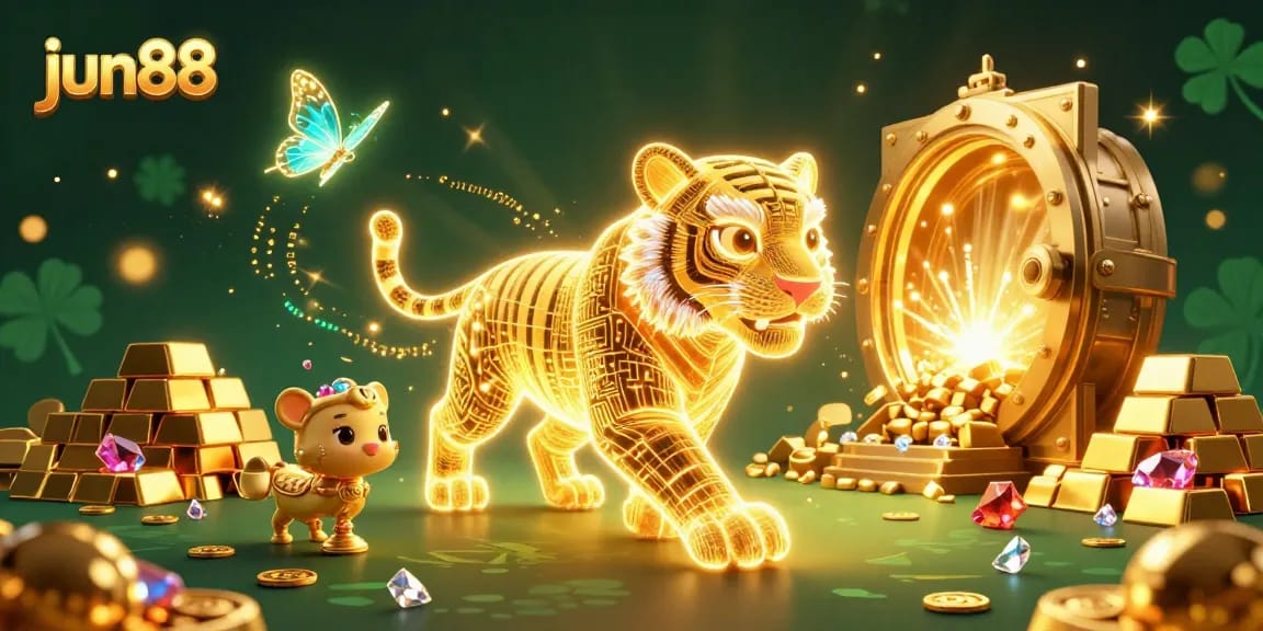 Experience thrilling gameplay at jun88 with vibrant golden tiger and dazzling casino treasures.
