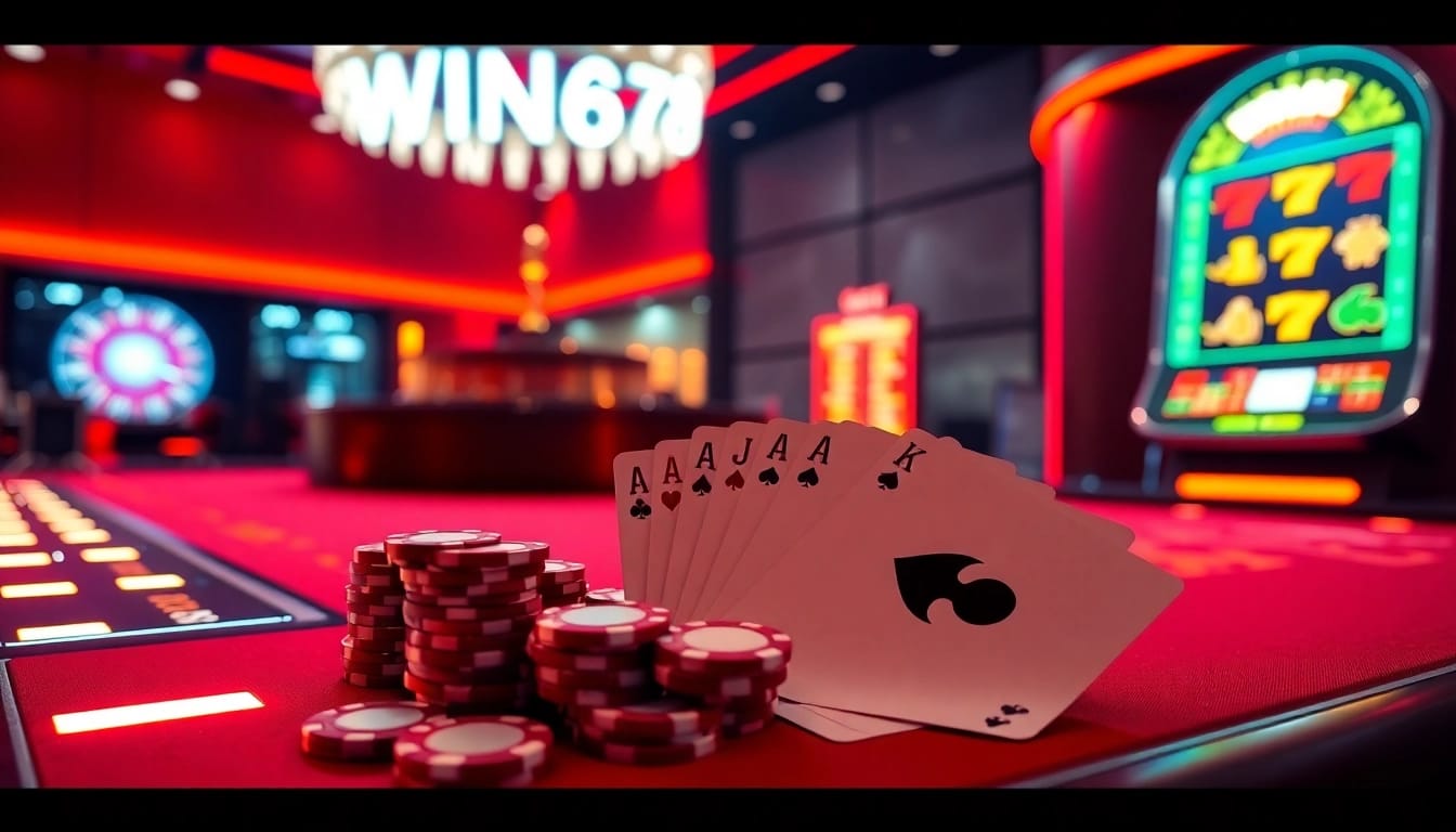 WIN678 gaming action featuring poker chips and roulette wheel in a luxurious casino setting.