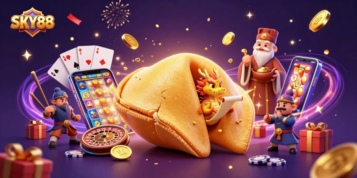 Engage in thrilling gameplay with SKY88 at this vibrant 3D casino illustration featuring golden fortune cookies and smartphones.