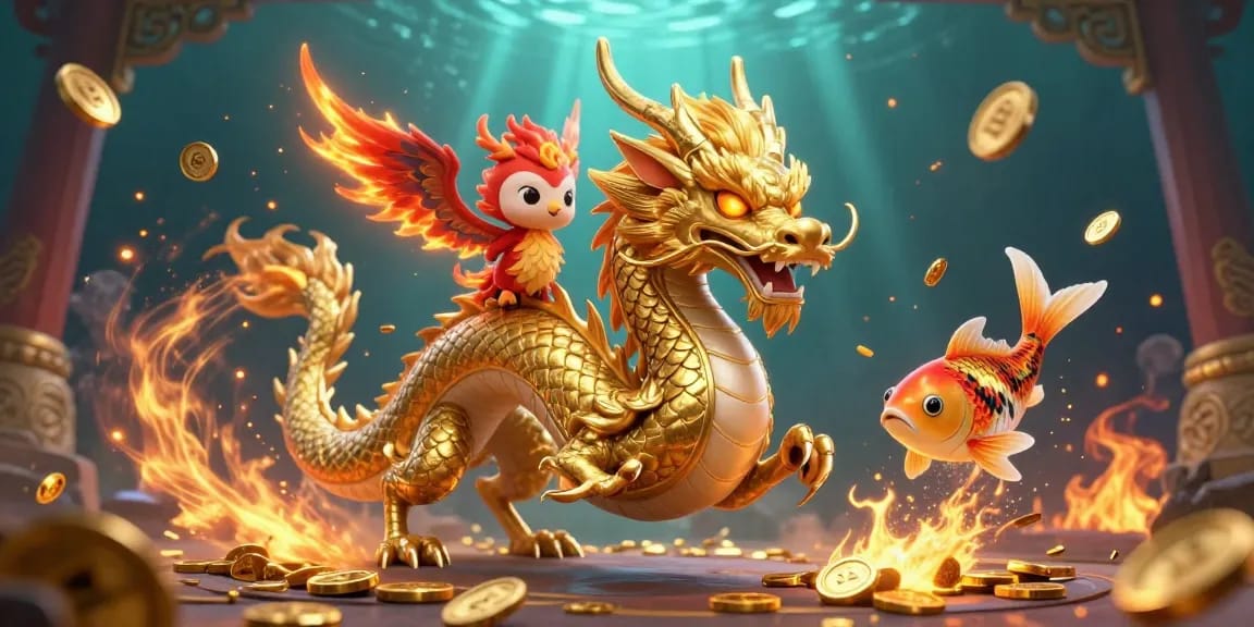 Experience 99WIN's dynamic gaming journey with a dragon, phoenix, and koi in a vibrant casino scene.