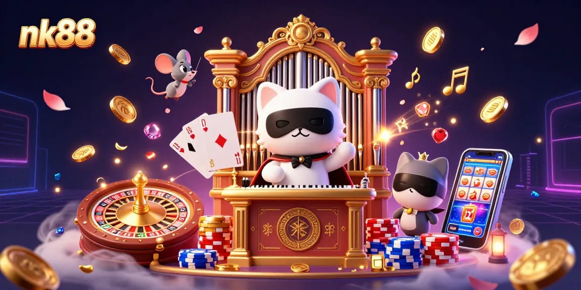 Experience the thrill of nk88 with vibrant casino elements in a captivating 3D illustration.