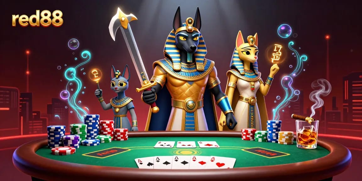 Experience thrilling gameplay at red88 with Anubis and a glowing poker scene.