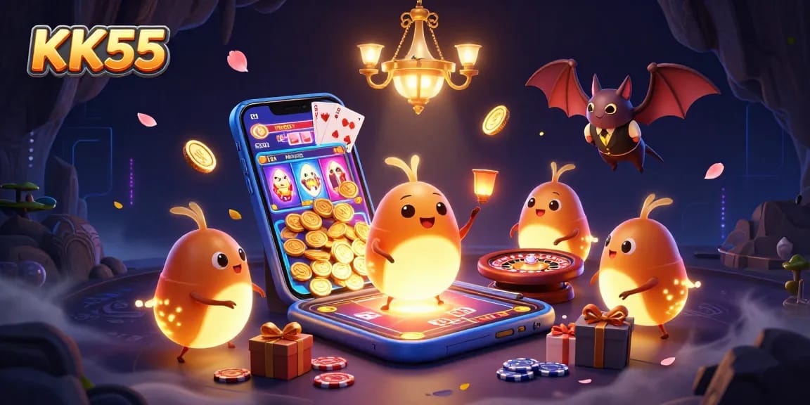 Experience the vibrant KK55 casino scene with glowing glowworms and exciting gaming elements.