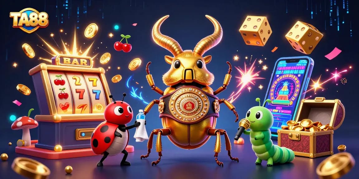 TA88 casino scene featuring a beetle champion, ladybug corner-man, and caterpillar announcer amidst slot machine action.