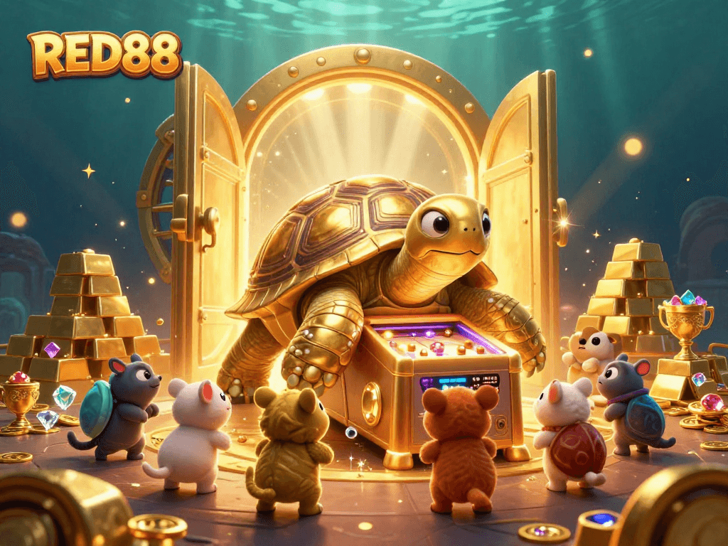 Engage in exciting gameplay at RED88 with a cartoon golden tortoise pinball machine surrounded by treasures.