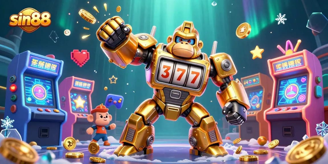 Engage with sin88's vibrant gaming scene, featuring a golden gorilla mech in a dynamic casino universe.