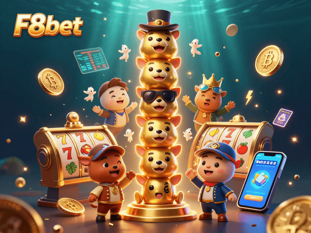 Engage with F8bet through vibrant slot games featuring animated totem characters and crypto coins.
