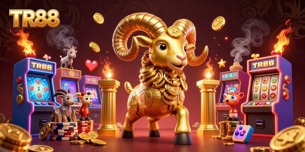 Engage in the excitement at TR88 with a golden ram charging through a casino-themed scene filled with vibrant gaming elements.