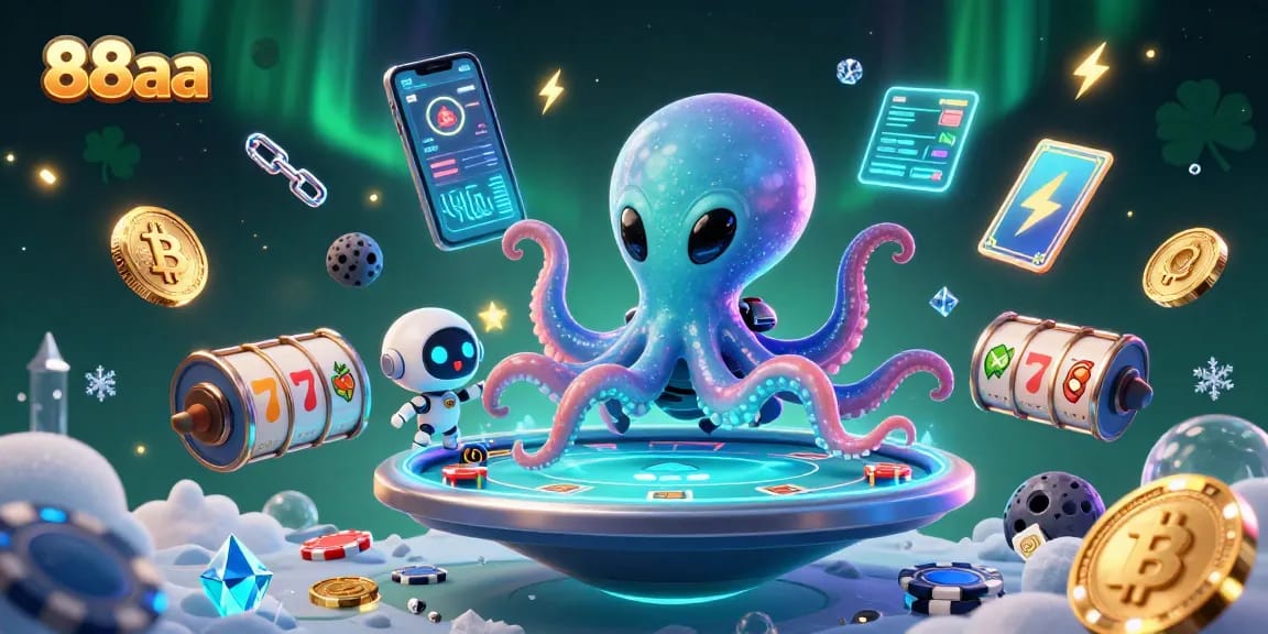 88aa showcases a whimsical extraterrestrial casino scene with an octopus poker player.