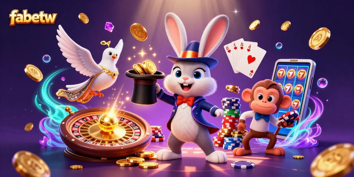 Experience the magic of fabetw with a 3D rabbit conjuring coins and a poker-themed scene.
