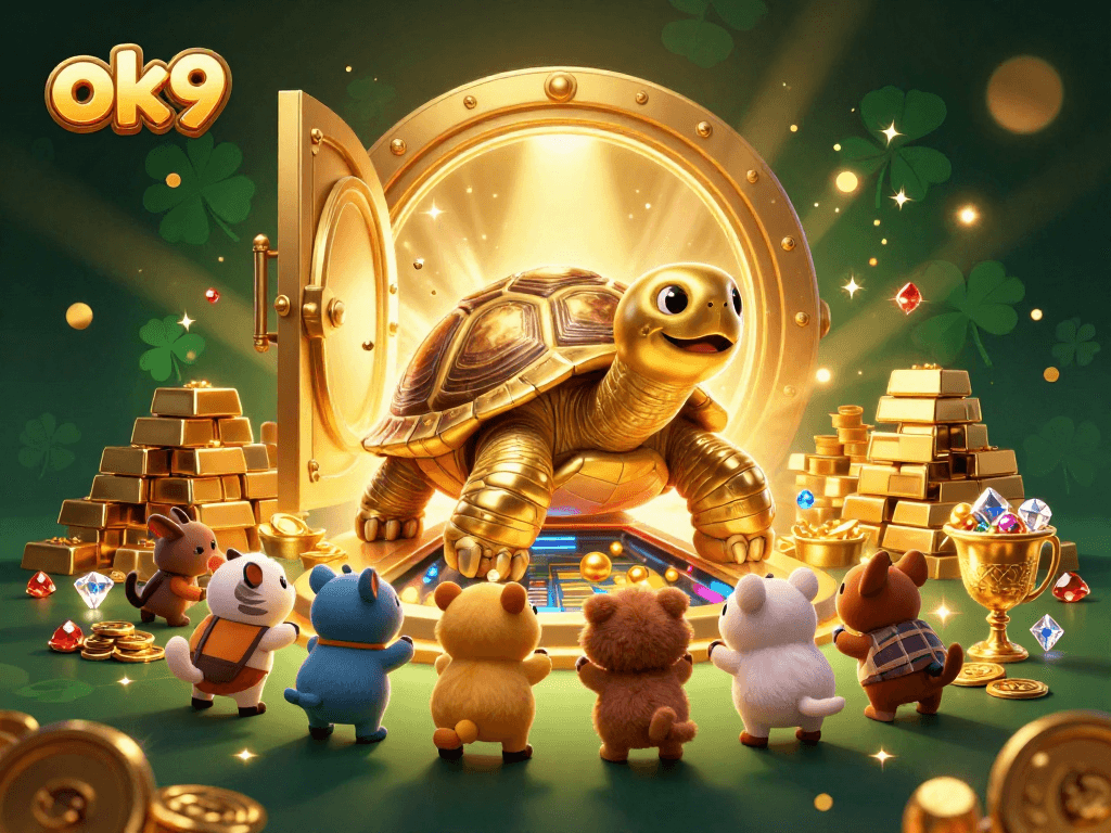 Engage with the ok9 gaming experience featuring a vibrant 3D illustration of a golden tortoise pinball machine and riches.