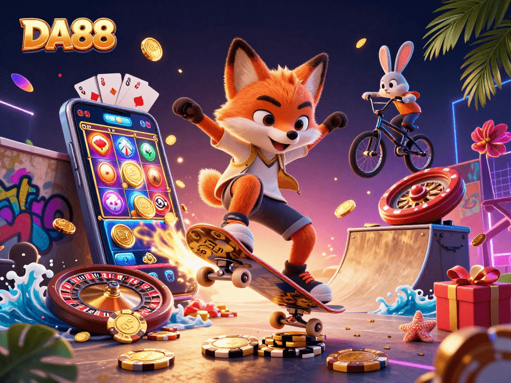 Engage in thrilling casino games at DA88 with vibrant visuals of a lively 3D scene.