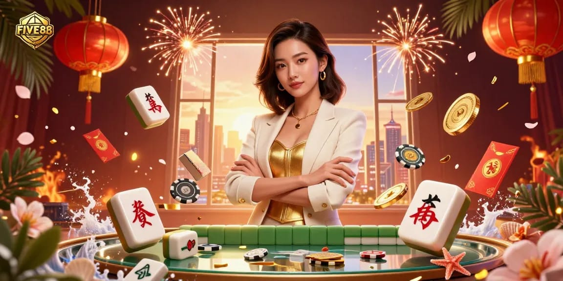 Engage with FIVE88, a premier online casino, while playing vibrant cards among festive elements.