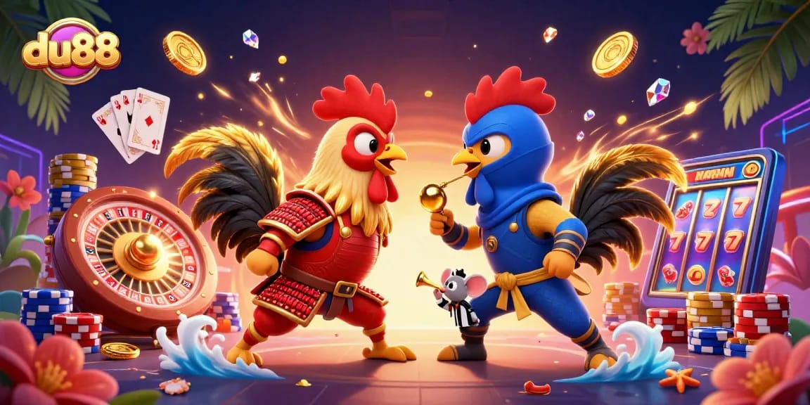 Engage in thrilling du88 action with vibrant fighting roosters among casino elements.