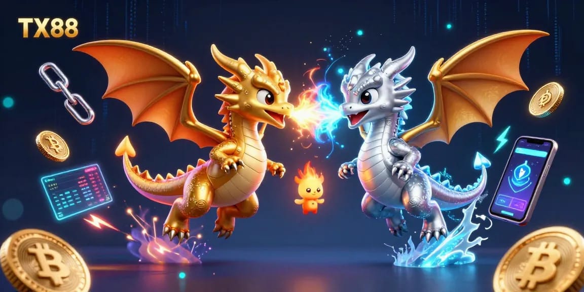 Experience TX88 casino magic with vibrant dragons and crypto elements in action.