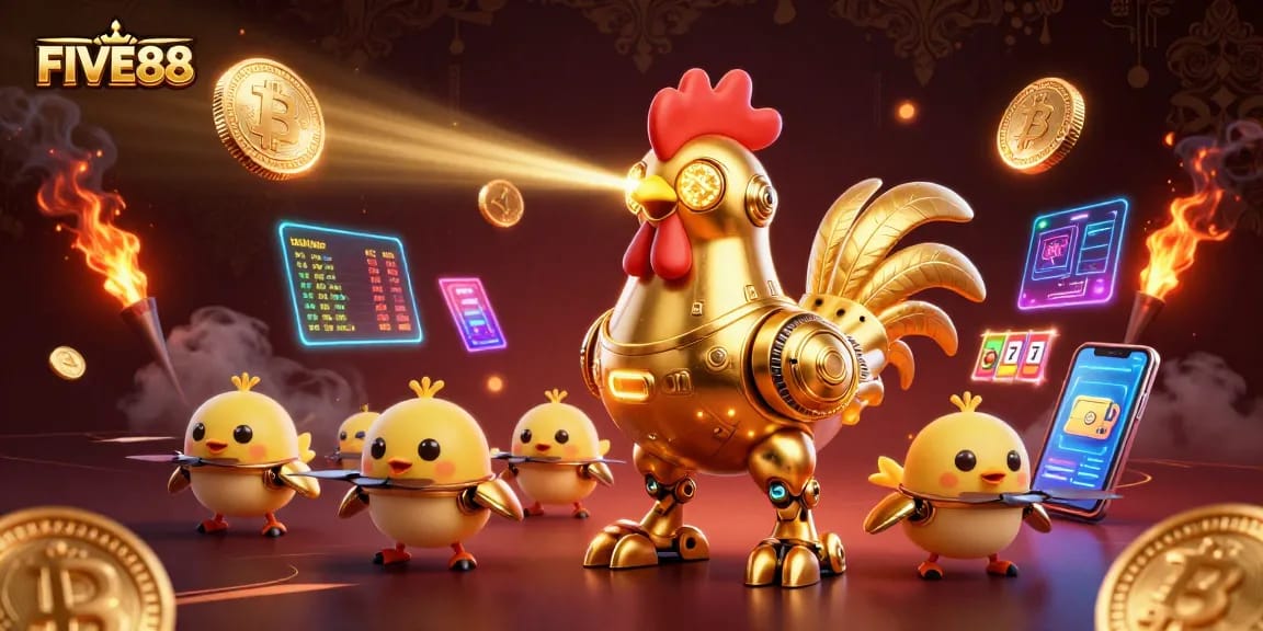 Experience the electrifying FIVE88 casino world with a golden rooster robot and crypto coins.