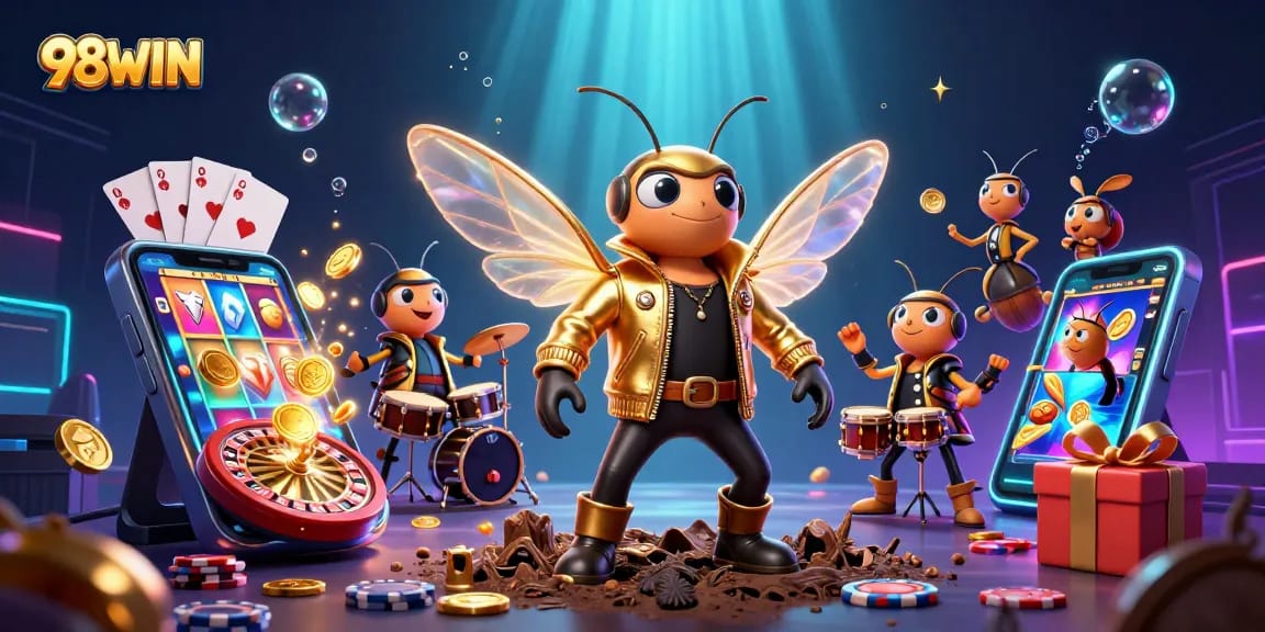 Experience thrilling gameplay at 98WIN with vibrant casino elements and engaging character illustration.