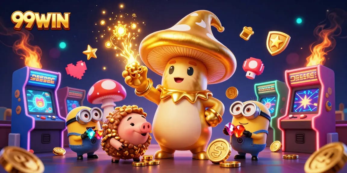 Engage with 99WIN's enchanted gaming scene featuring a magical collage of casino elements.