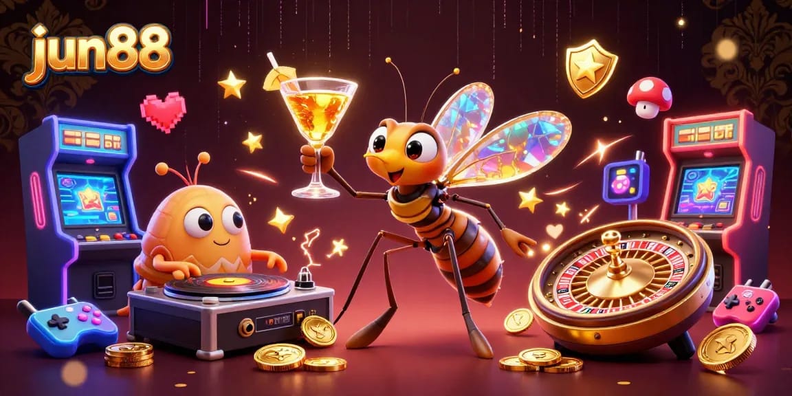 Experience the thrill of jun88 with vibrant casino characters and arcade game elements.