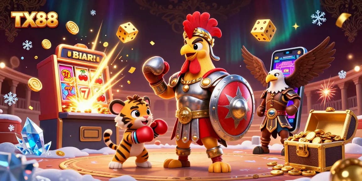 Engage with the excitement of TX88 in a vibrant, action-packed digital illustration showcasing unique casino elements.
