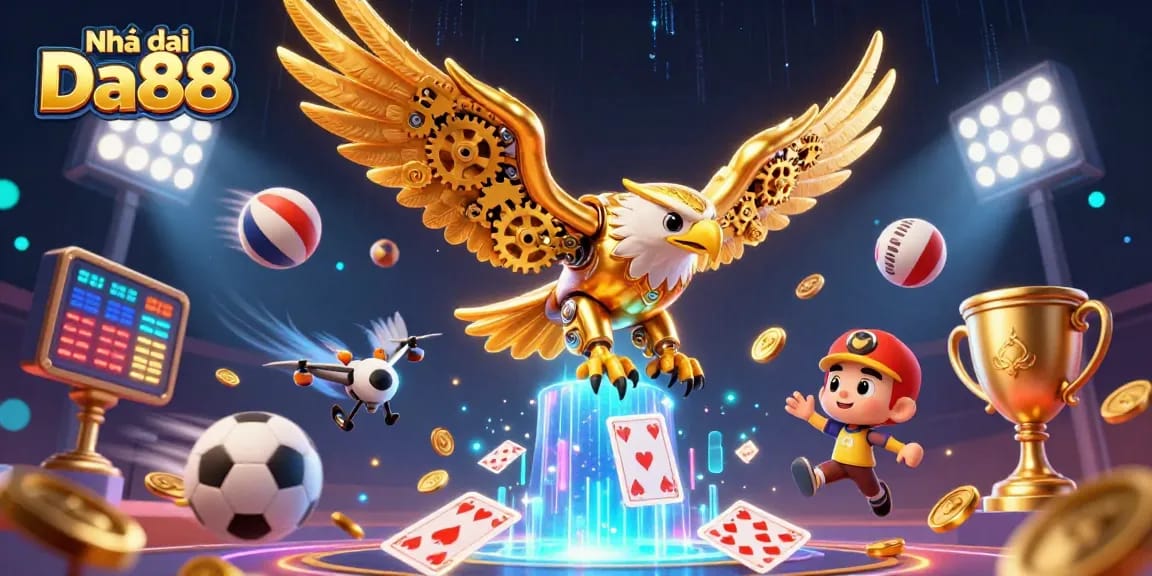 Engage with Nhà cái Da88's dynamic gaming experience through a thrilling 3D visual of sports balls and golden eagle.