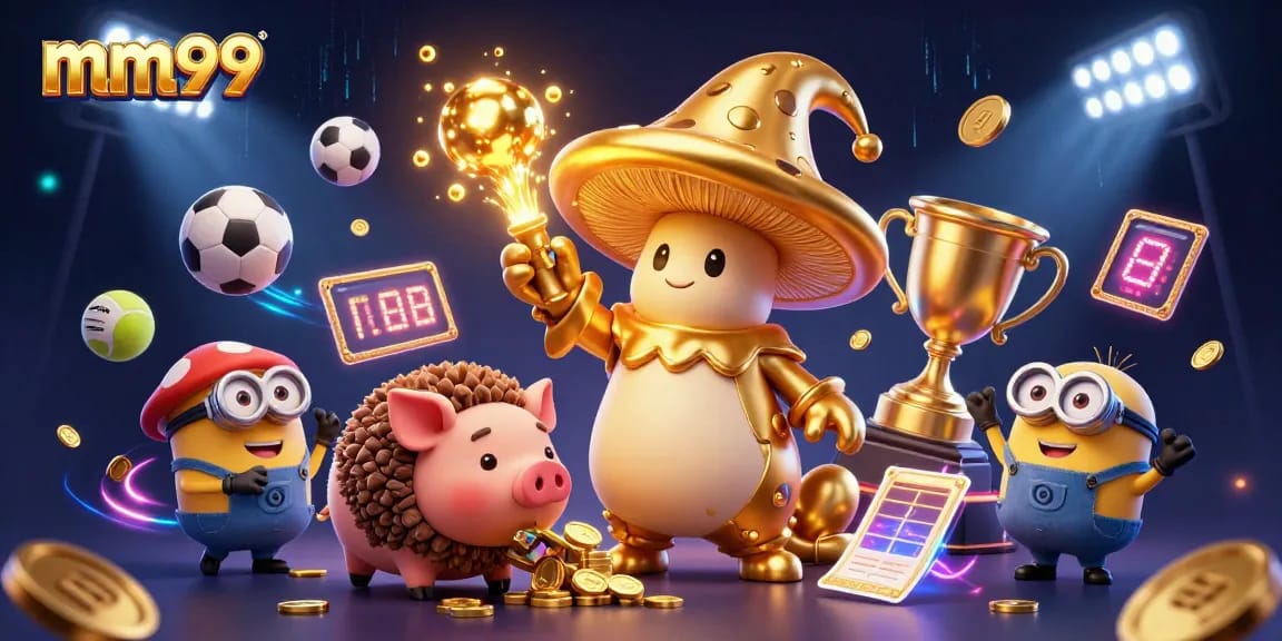 Experience thrilling betting action with mm99's golden wizard, sports balls, and vibrant casino elements.