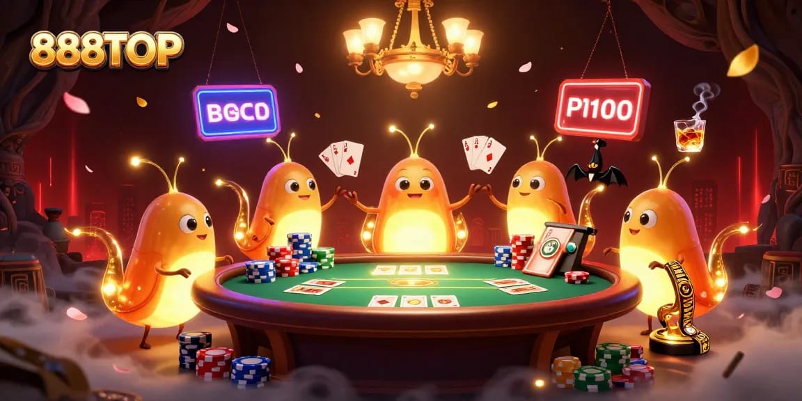 Experience engaging gameplay at 888TOP in this vibrant casino scene full of glowworms and poker action.