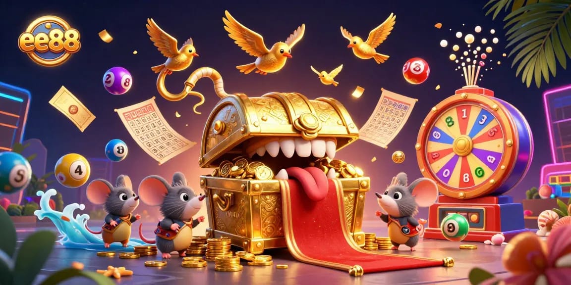 Experience the thrill of ee88 with vibrant lottery elements and treasure interactions in a lively 3D scene.