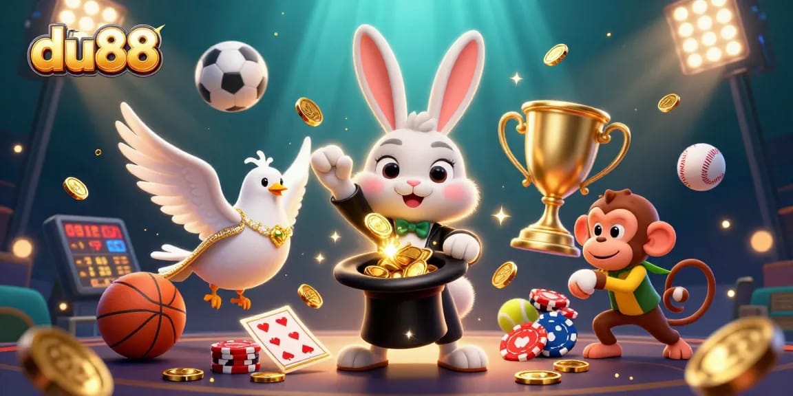 Engage with du88's enchanting world of games featuring a magical scene of characters in an entertaining casino atmosphere.