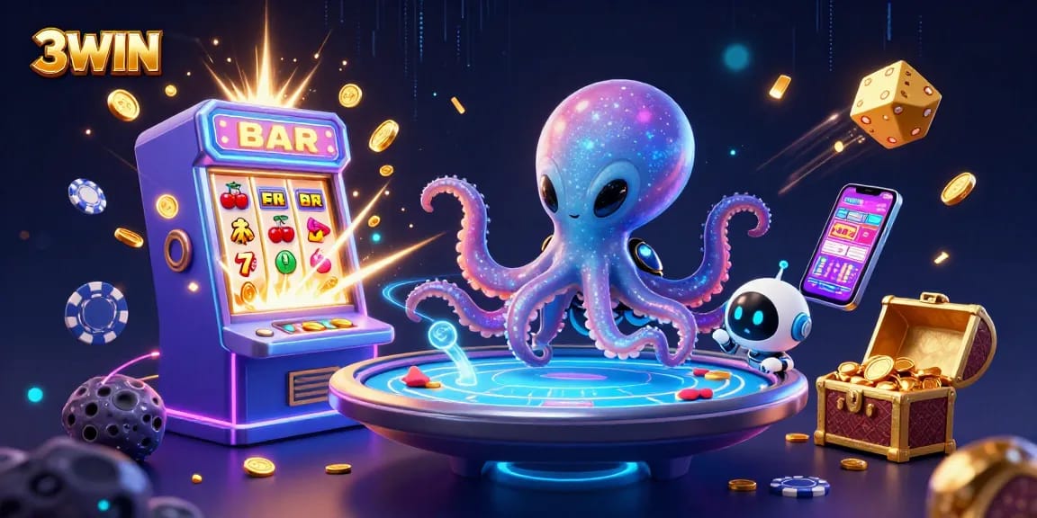 Engage with 3WIN's exciting poker table scene featuring an alien octopus and dynamic casino elements.