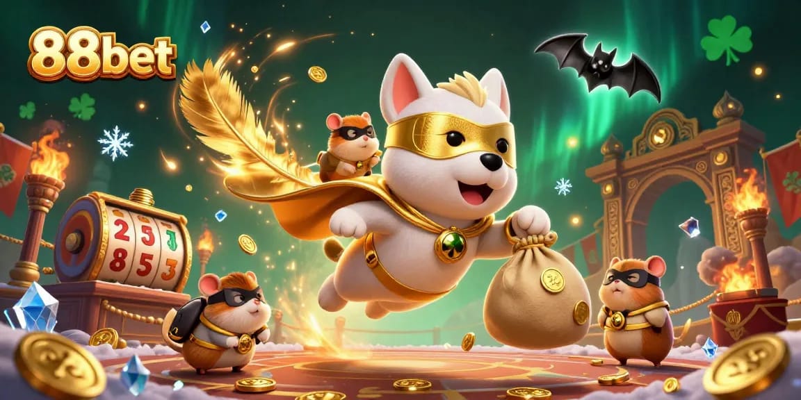 Experience thrilling fun with 88bet's superhero dog illustration against a vibrant casino backdrop.