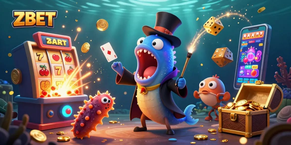 ZBET magical illustration featuring deep-sea animals and dynamic casino elements creating an engaging experience.