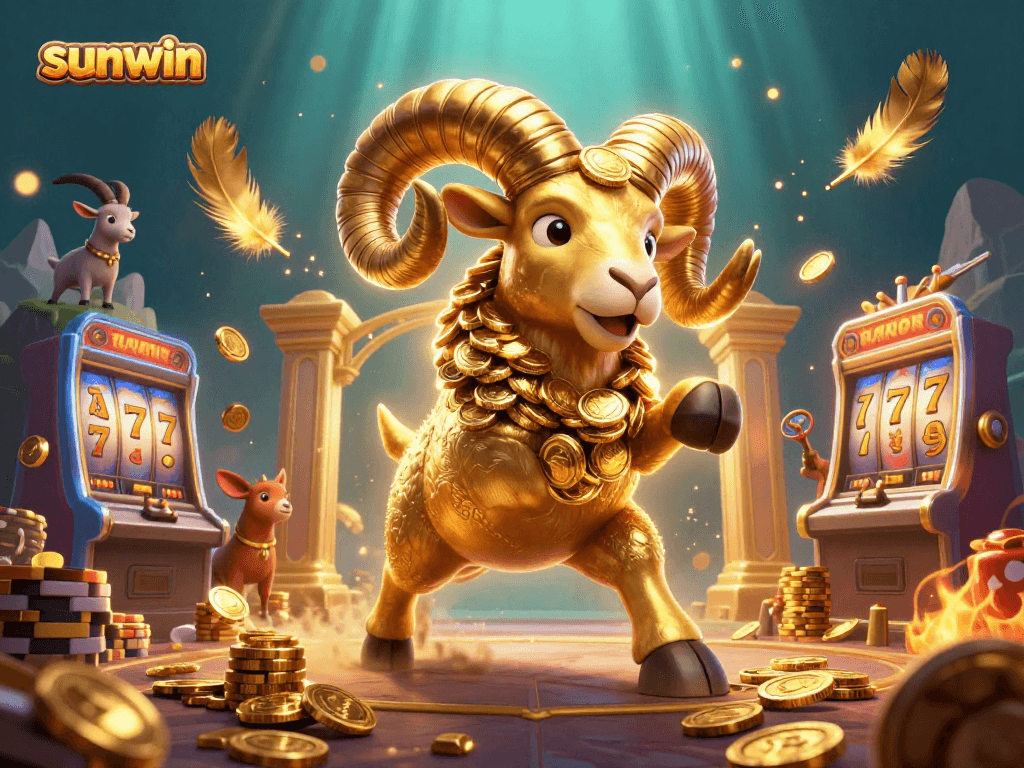 Experience the excitement with sunwin's golden ram and dynamic slot machines in an energetic casino scene.